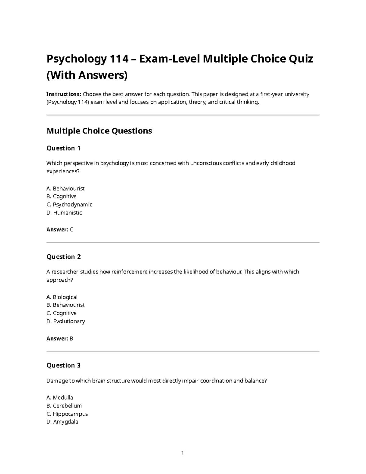 Psychology 114 Multiple Choice Quiz Practice Test with Answers - Studocu