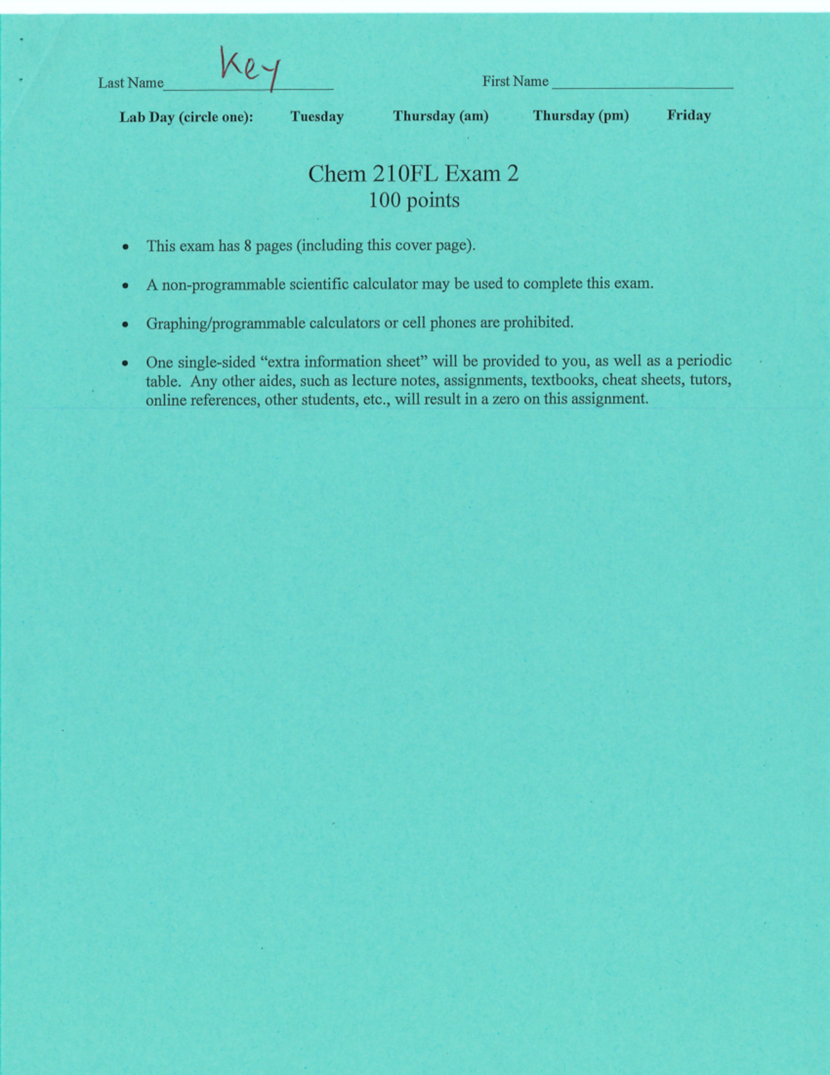 Fall 2019 Exam 2 Version A Key - First Name Key Lab Day (circle one ...