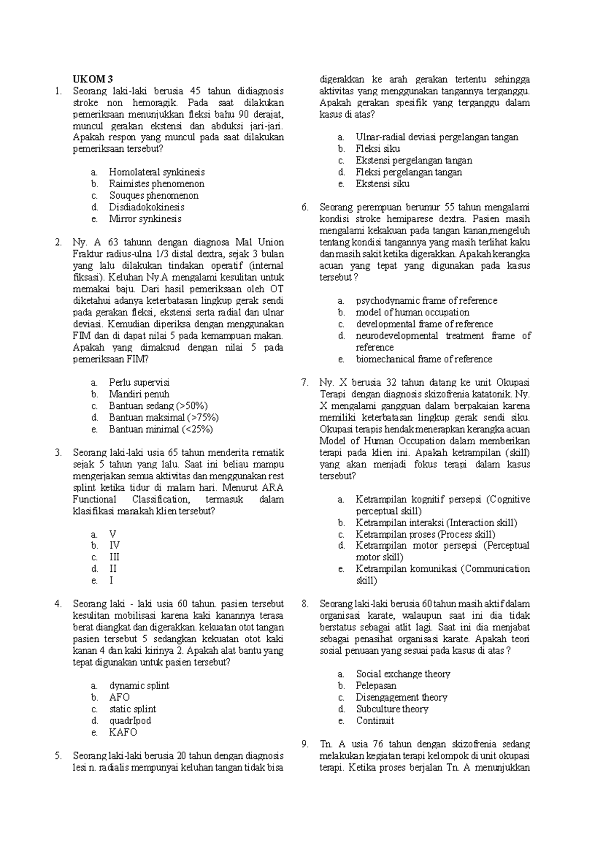 Ukom 3: Soal Latihan dan Studi Kasus dalam Terapi Okupasi - Document Preview