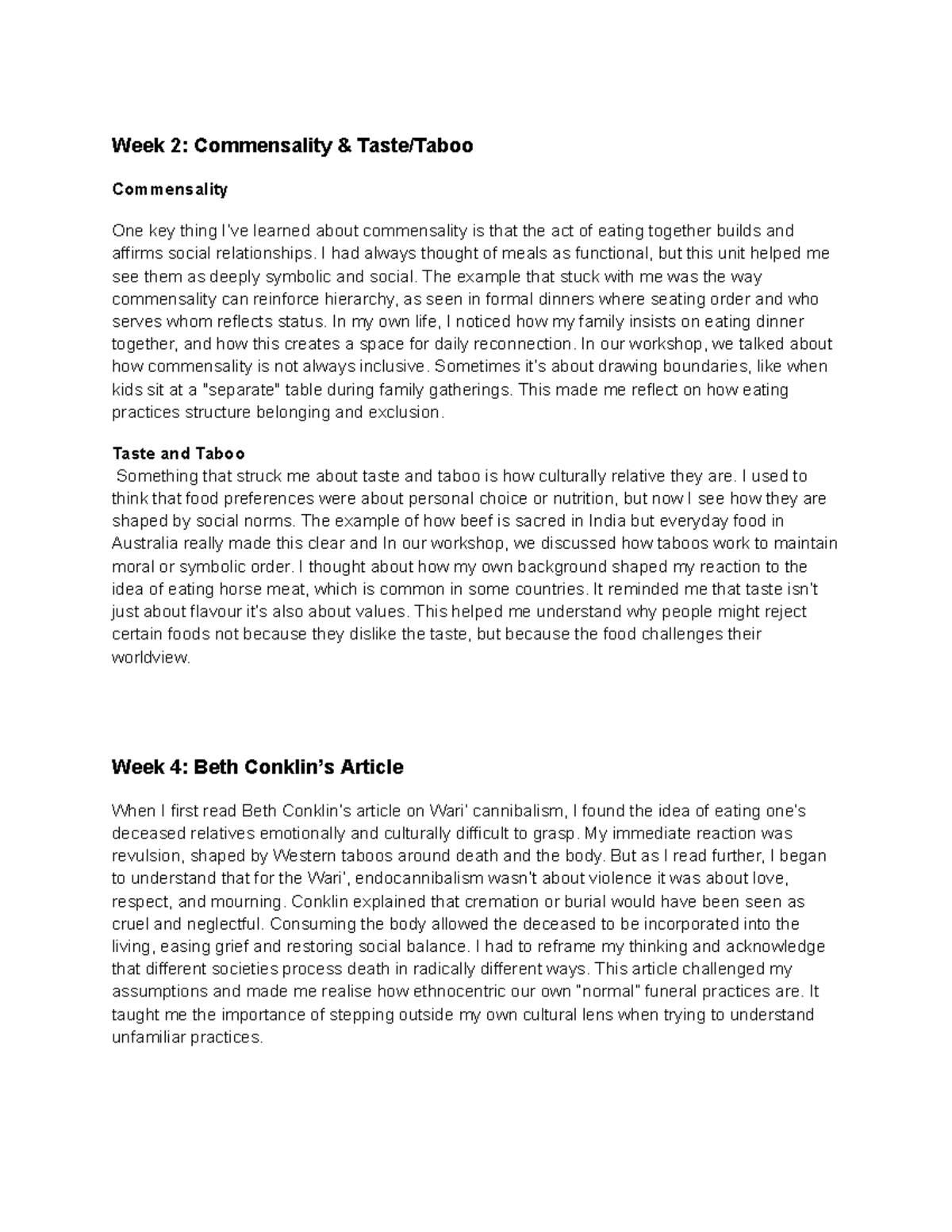 ANTH2003 - Week 2 to Week 10 Reflections on Commensality and Food ...