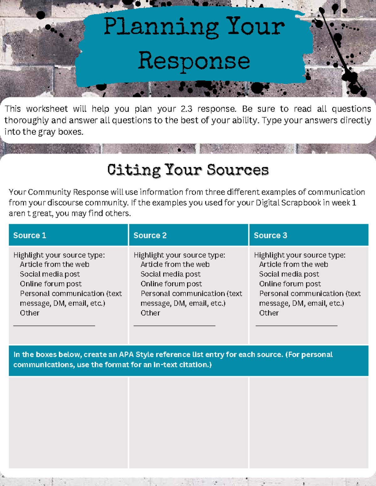 Planning Your 2.3 Community Response: Worksheet & Source Citing Guide ...