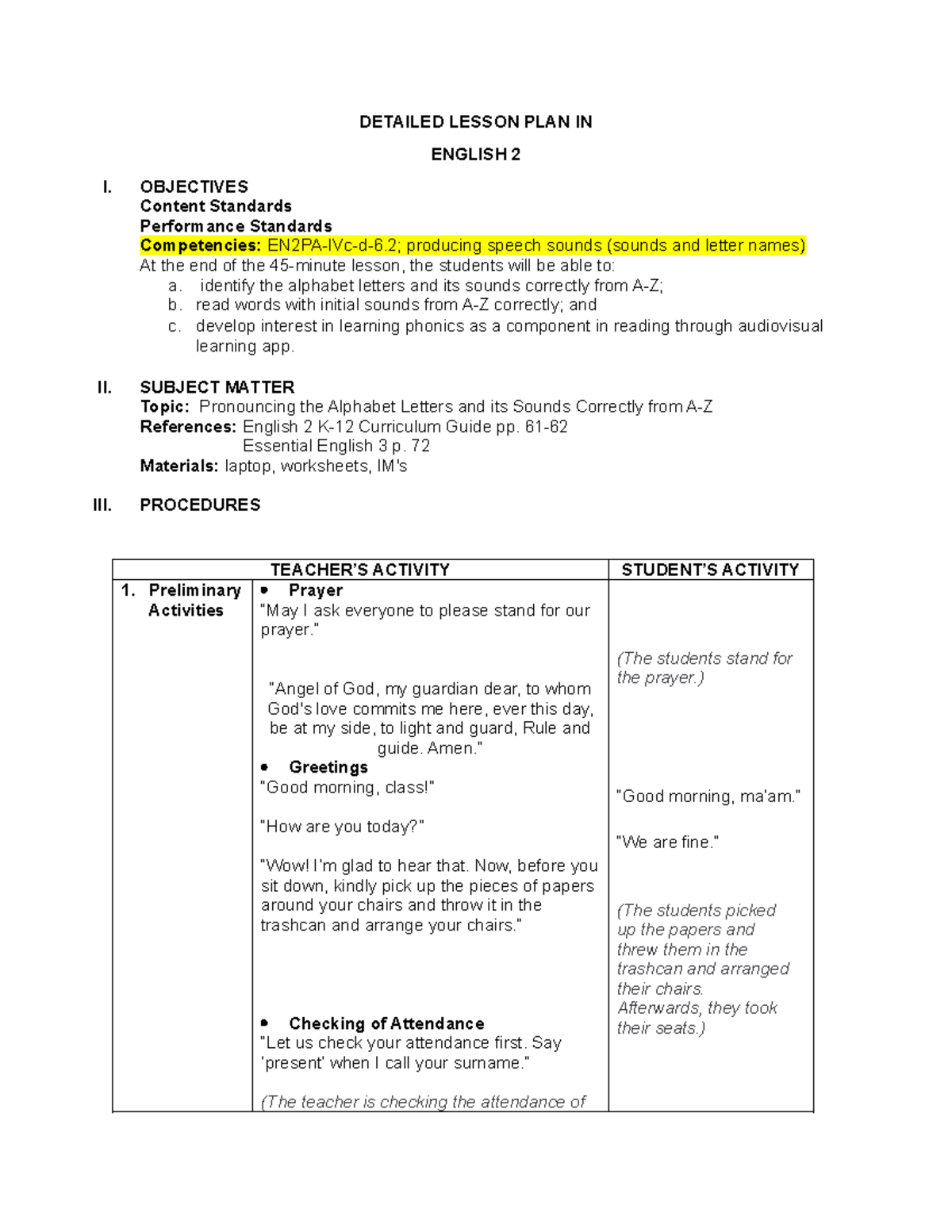 LP Intervention ABC DAY1 - DETAILED LESSON PLAN IN ENGLISH 2 I ...