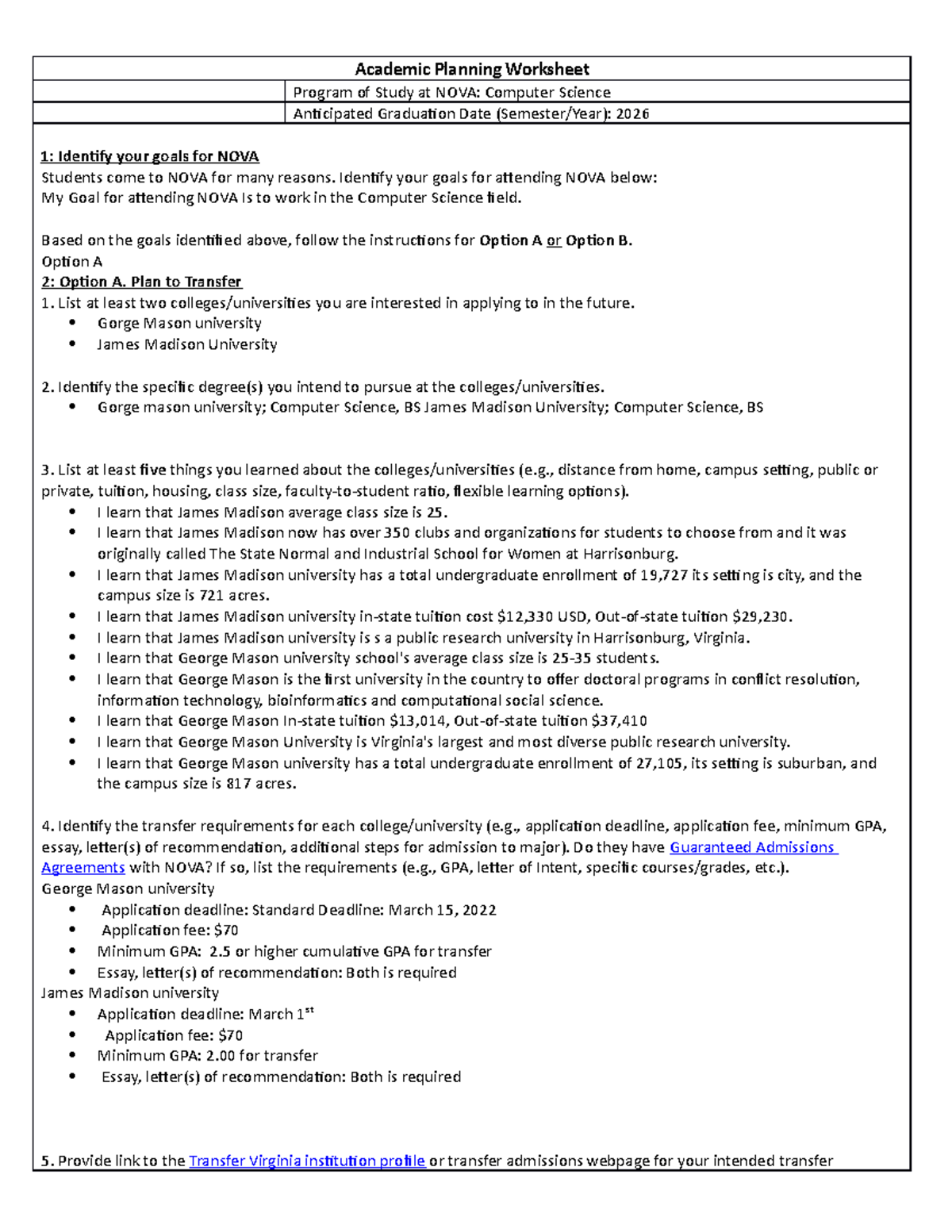 NOVA CS Academic Planning Worksheet for Future Transfers & Careers ...