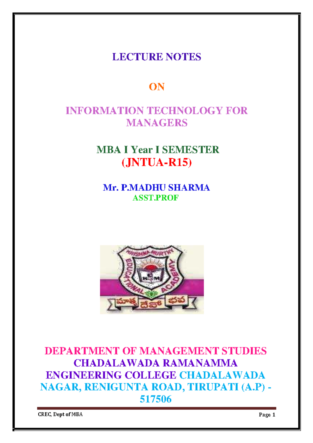 LECTURE NOTES ON INFORMATION TECHNOLOGY FOR MANAGERS (MBA 14E00107 ...