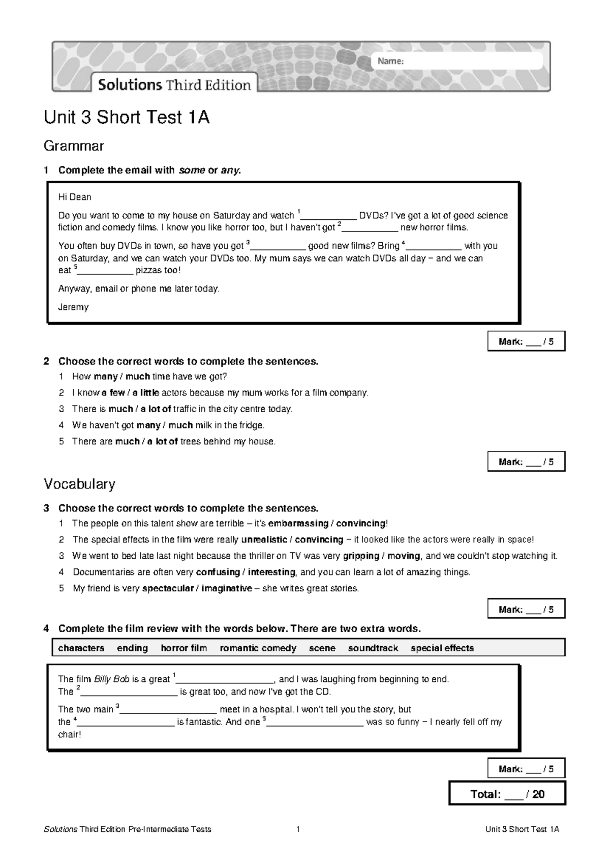 Pre-Intermediate Test 1A Solutions - Unit 3 (Sol3e) - Studocu