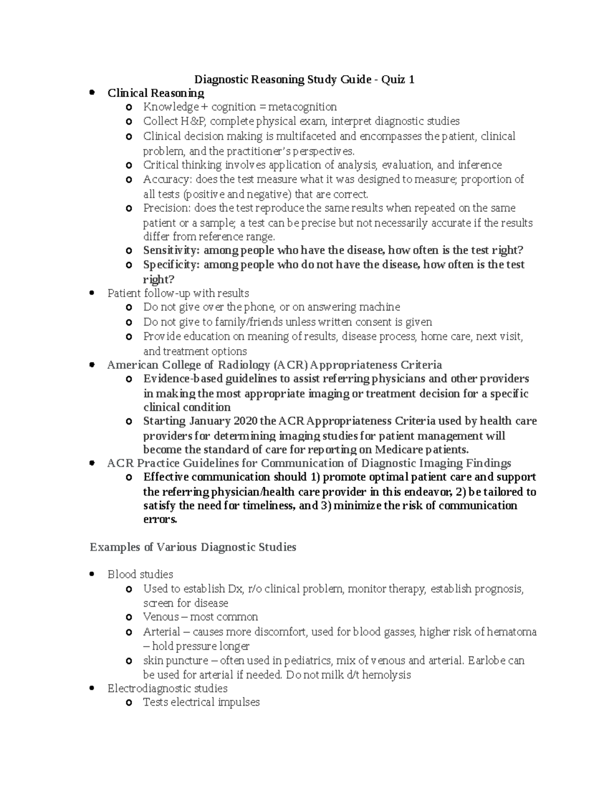 Diagnostic Reasoning - Study Guide for Quiz 1 - Studocu