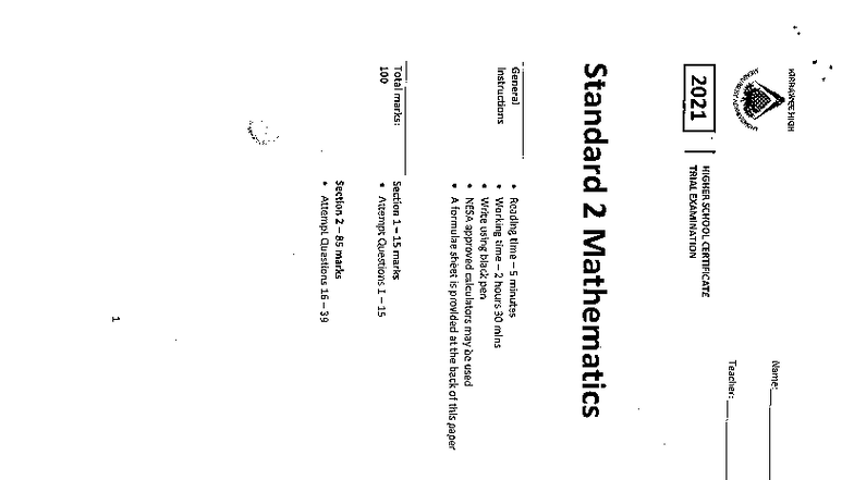 Trial HSC Standard 2 Mathematics Solutions 2021 - Studocu
