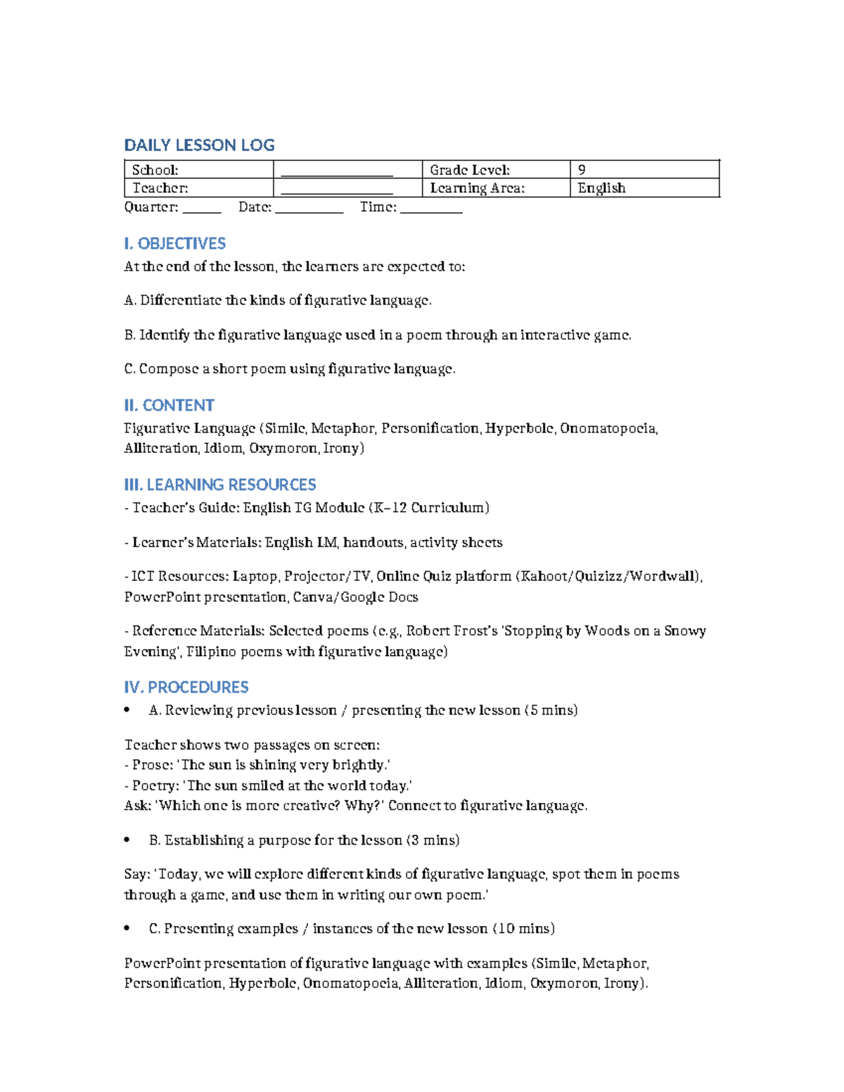 DLL: Lesson Log on Figurative Language for English I - Studocu