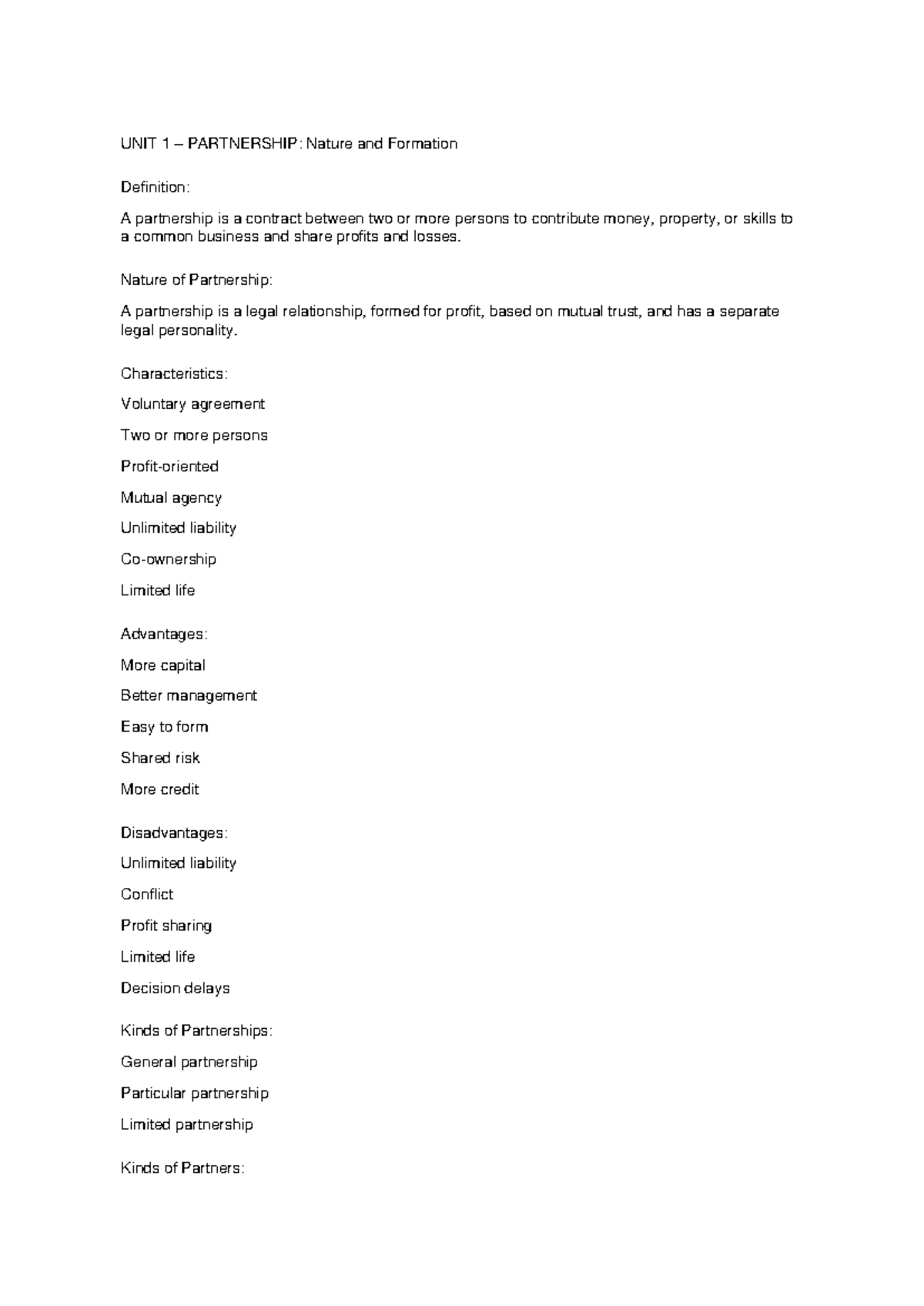 Partnership Unit 1 Notes: Nature, Formation, and Characteristics - Studocu