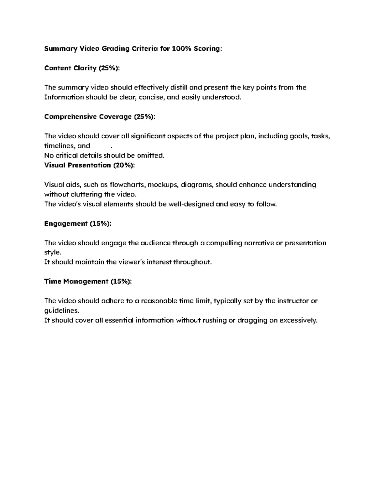 Summary Video Criteria - Summary Video Grading Criteria for 100% ...