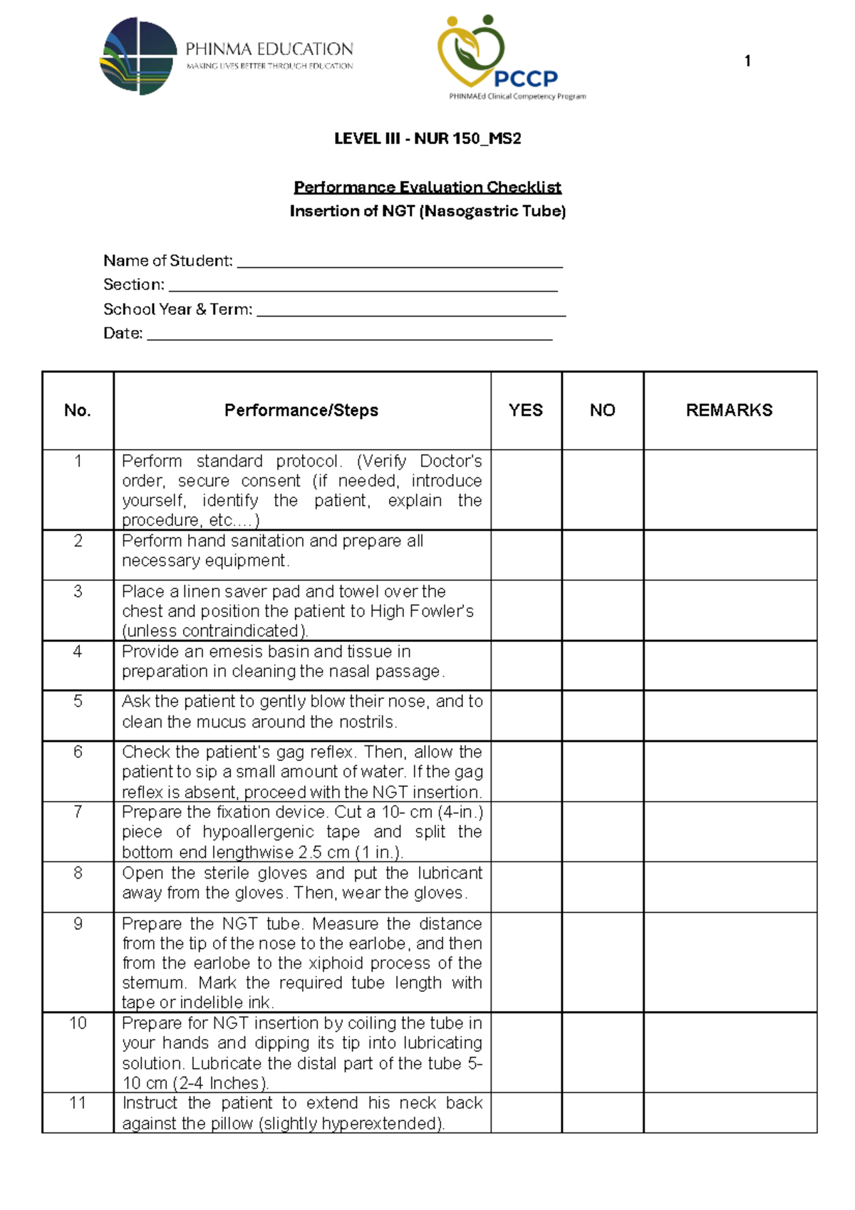 NUR 150_MS2 Final Exam NGT Insertion Performance Checklist - Studocu
