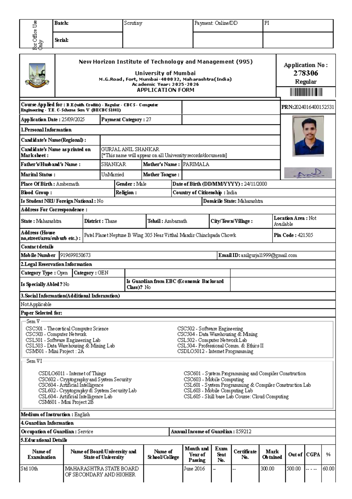 B.E. Application Form - 3rd Year (BECBCS1001) at New Horizon Institute ...
