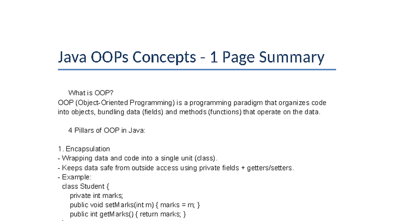 OOPs Concepts in Java: 1 Page Summary (CS101) - Studocu