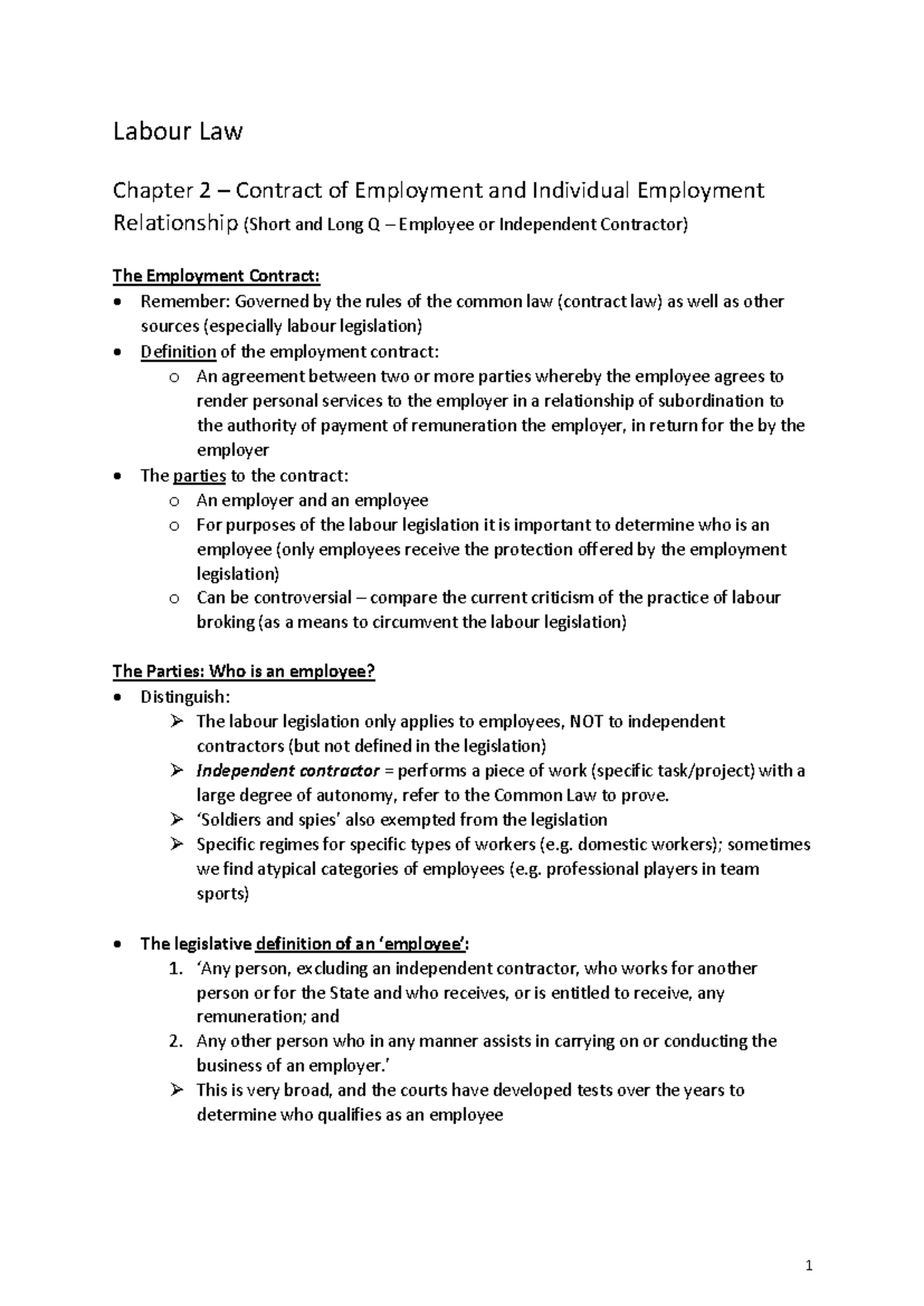 Labour Law Summary Chapters 2-3: Employment Contracts & Rights - Studocu