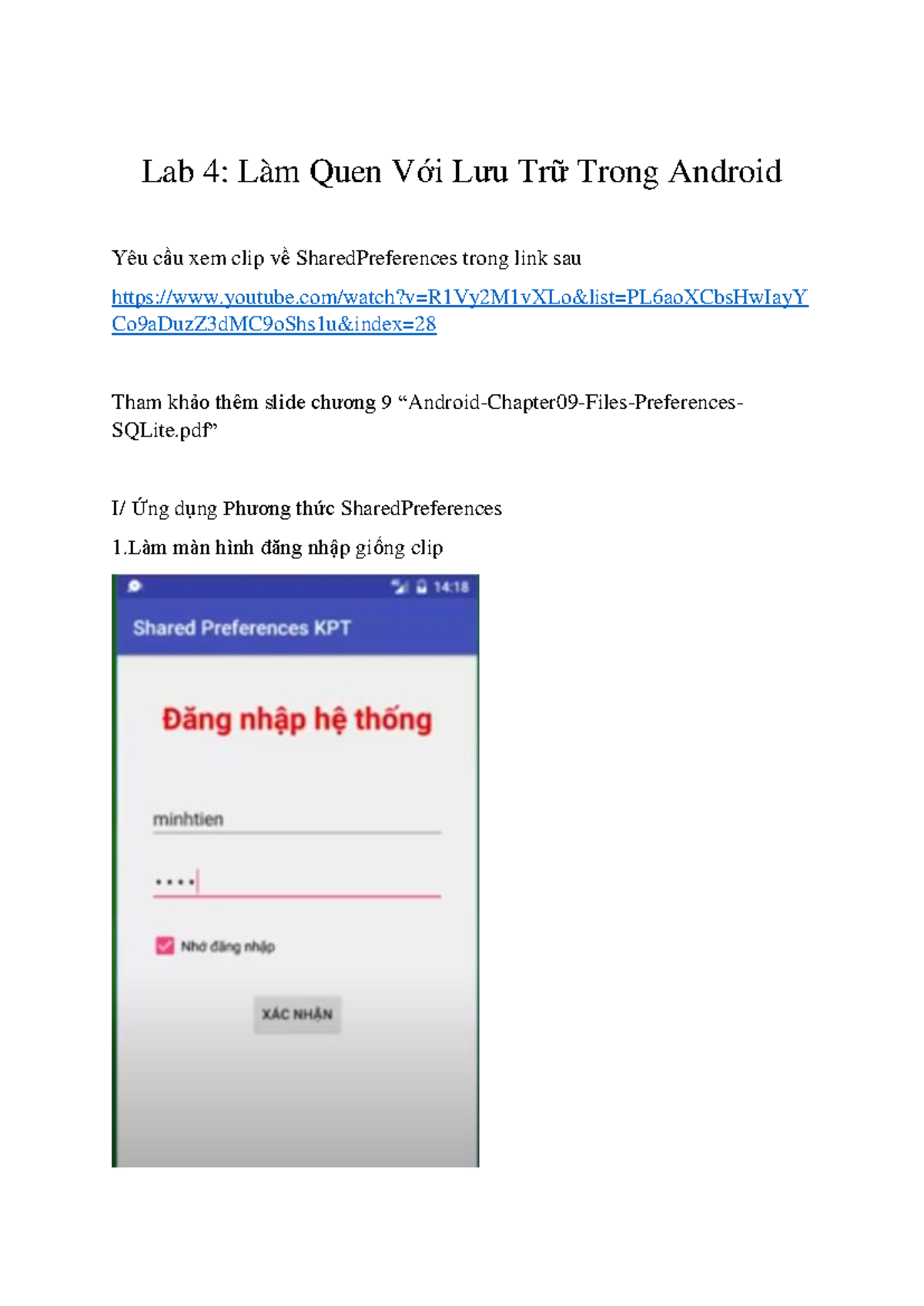 Lab 4: Ứng Dụng SharedPreferences và SQLite Trong Android - Studocu