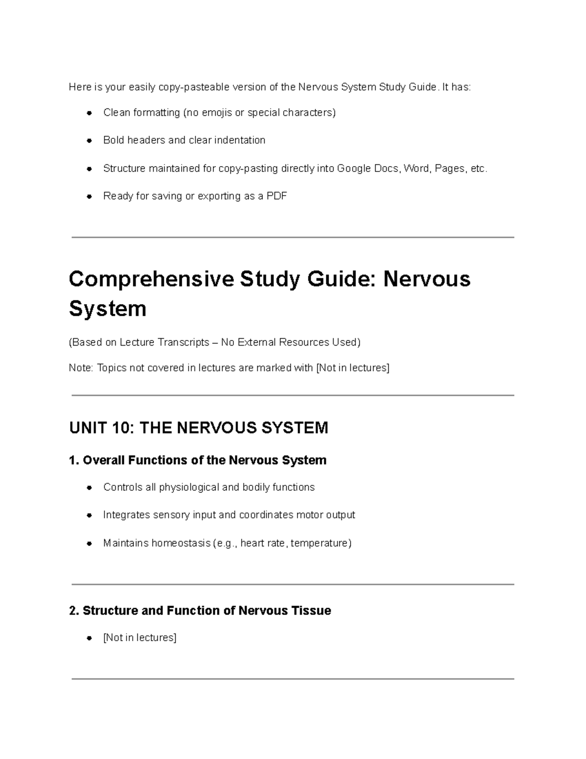 Nervous System Study Guide (NS FRFR) - Comprehensive Overview - Studocu