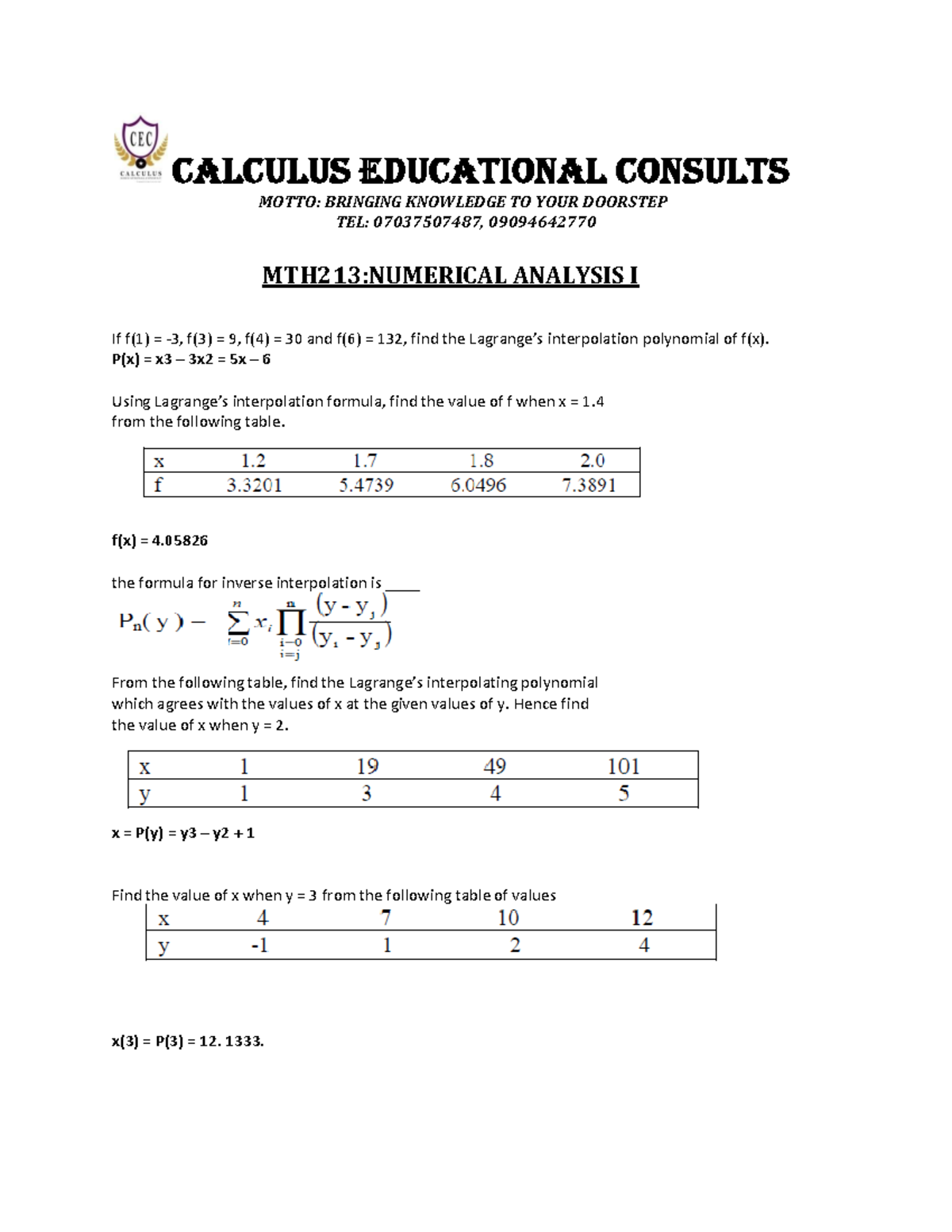 MTH213: Numerical Analysis I - Interpolation and Matrix Methods - Studocu