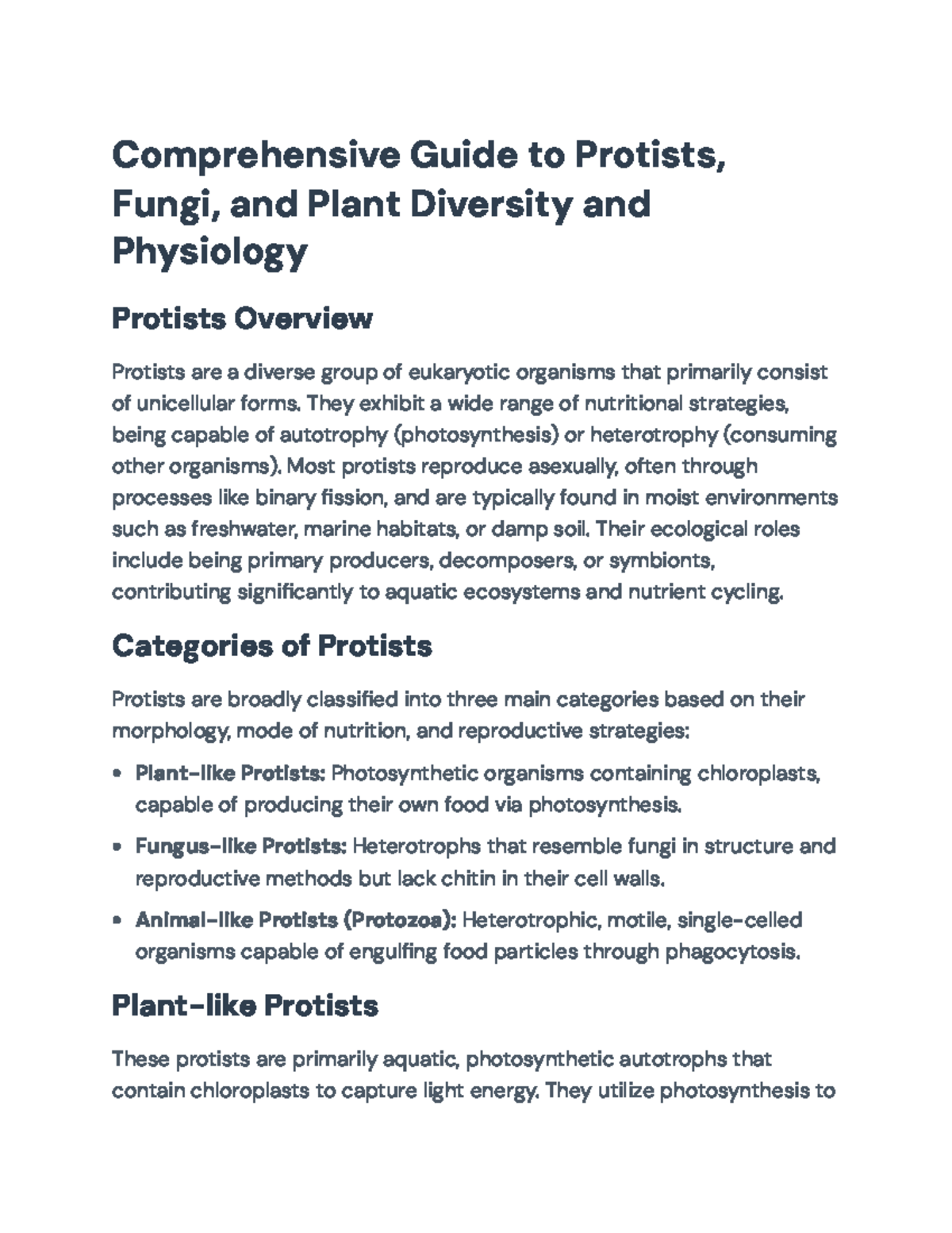 Comprehensive Study of Protists, Fungi, and Plant Diversity (BIO 101 ...