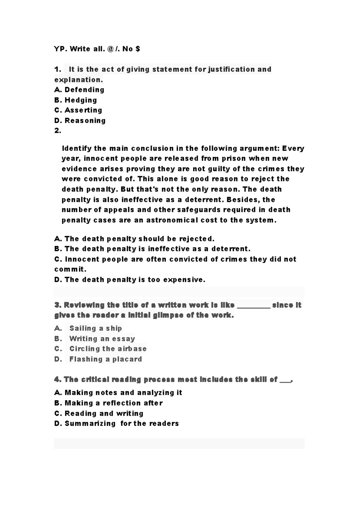 Claims Text Reasoning Quiz - YP. Write all. @ /. No $ It is the act of ...