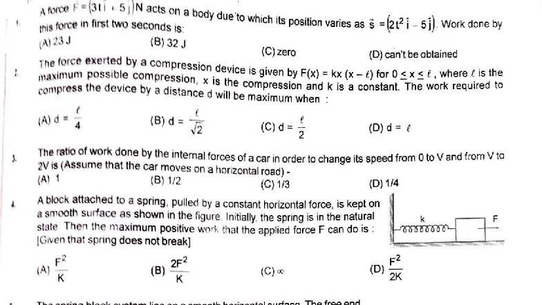 Work Energy 1 - Practice Questions (AAorce Force F) - Studocu