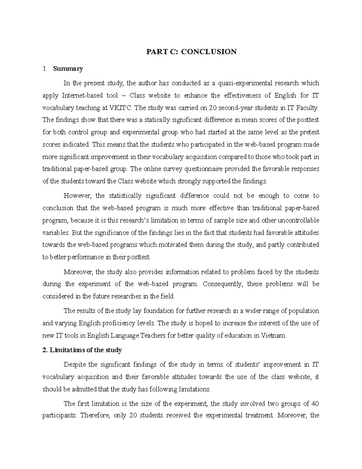 Conclusion Sample 2 - very easy - PART C: CONCLUSION Summary In the ...