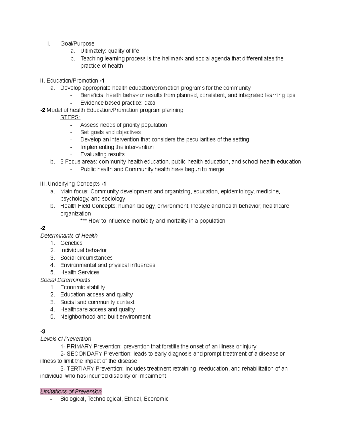 Chapter 1 Public Health Notes - I. Goal/Purpose a. Ultimately: quality ...