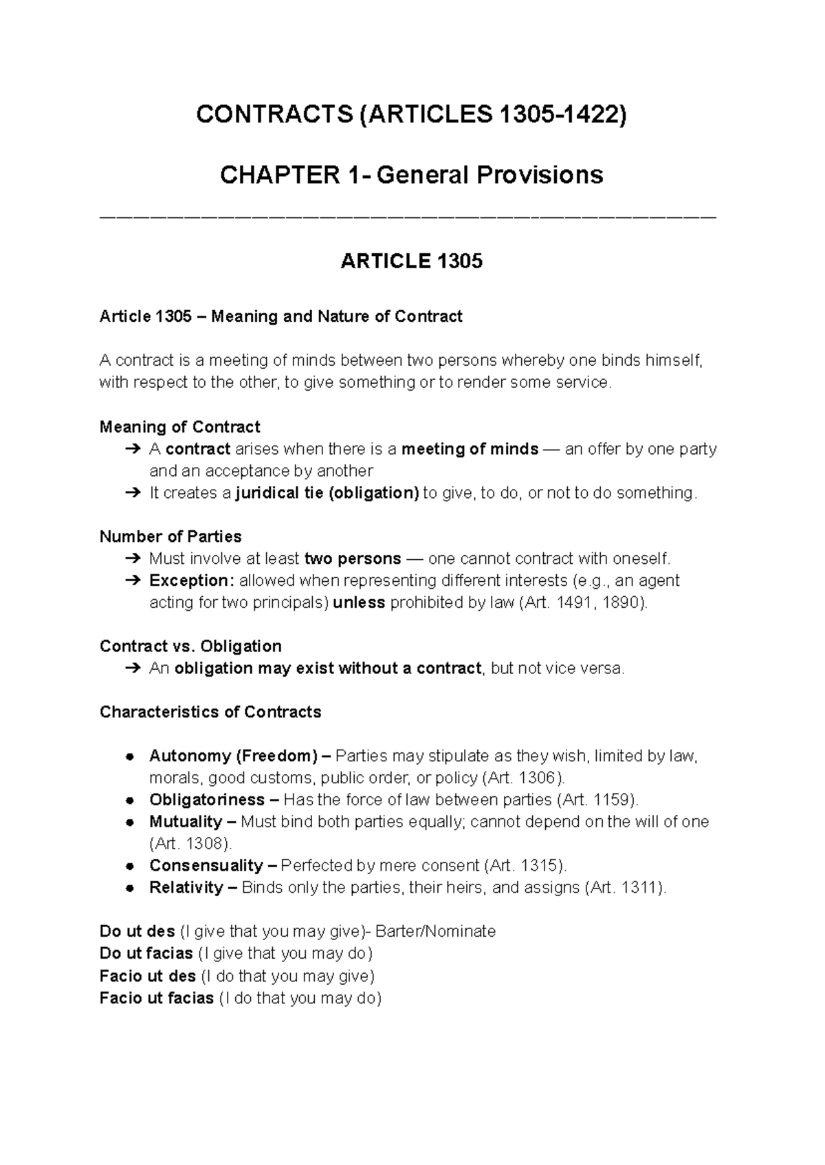 OBLI 1305-1422: General Provisions on Contracts and Their Nature - Studocu