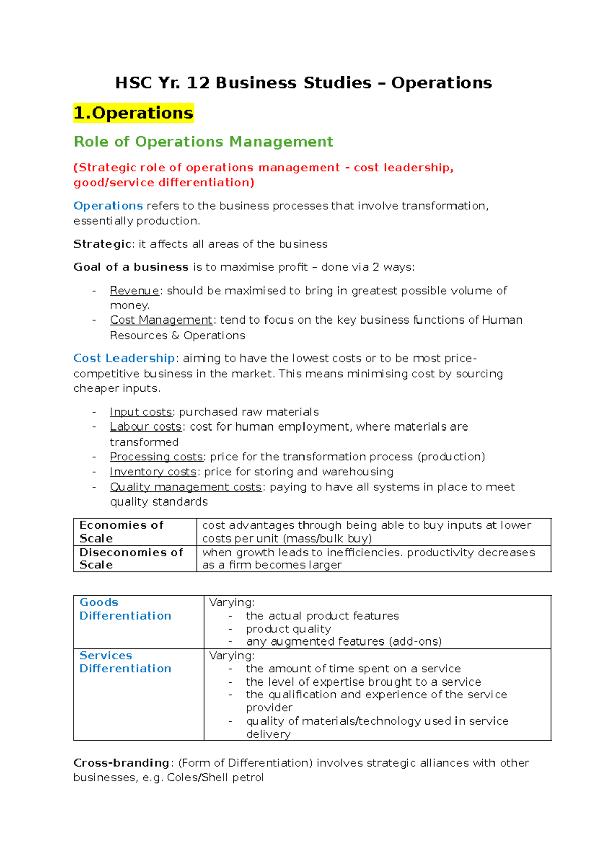 HSC Yr. 12 Business Studies - Operations Management Notes - Studocu