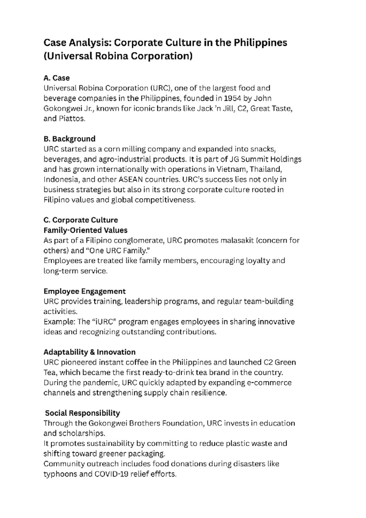 Case Study: Corporate Culture at Universal Robina Corp (URC) - Studocu