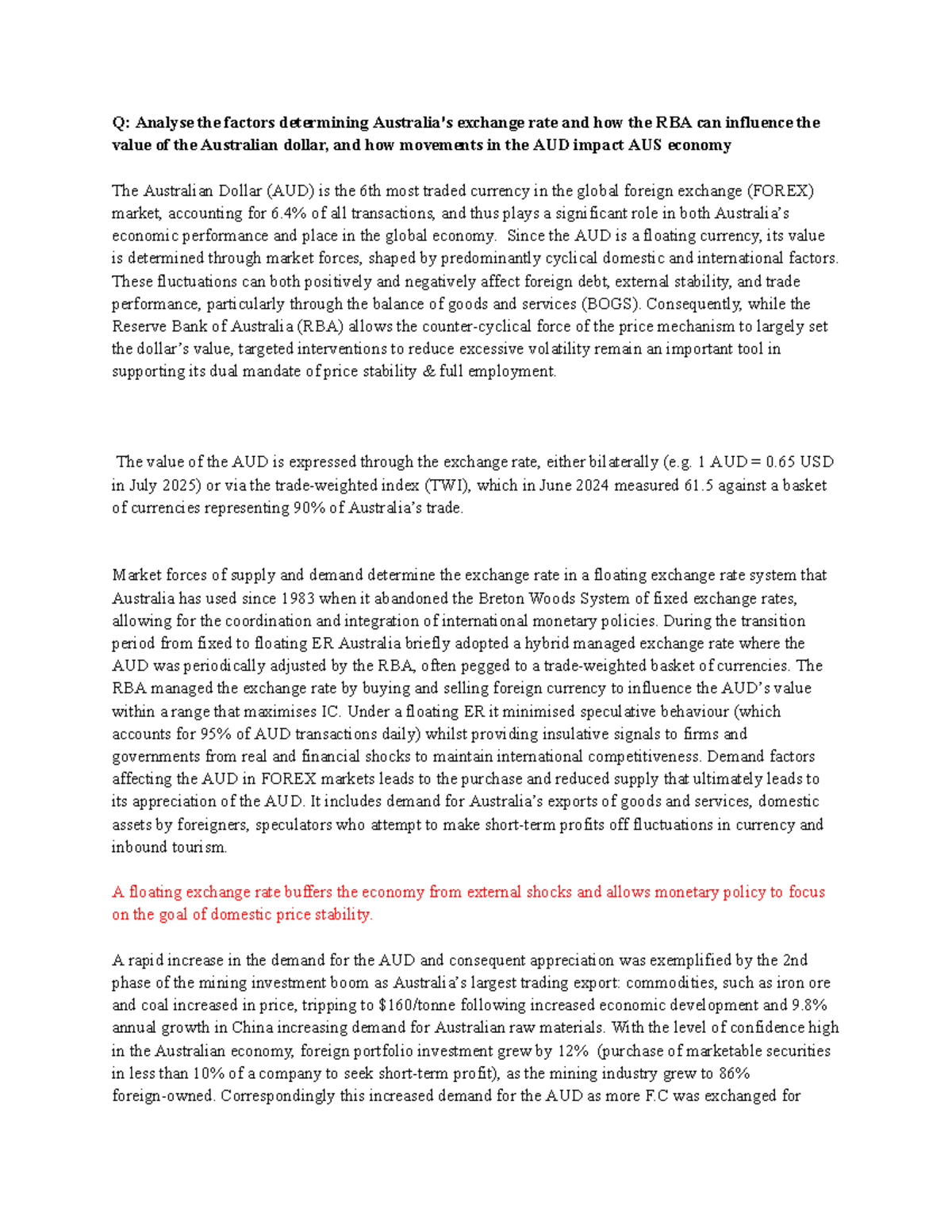 T2 - Exchange Rate Analysis: RBA's Influence on AUD and Economy - Studocu