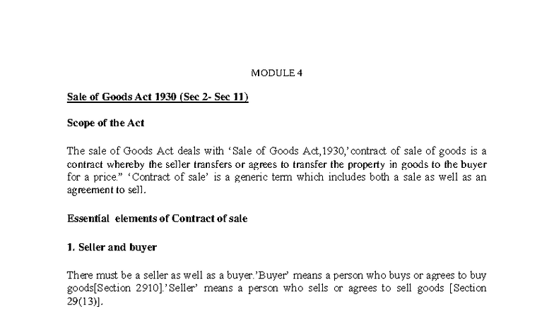 MODULE 4: Sale of Goods Act 1930 - Key Provisions and Concepts - Studocu