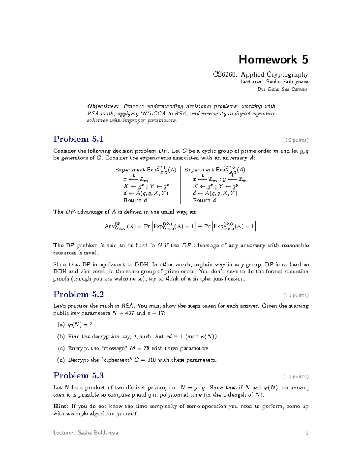 HW5 CS6260: Applied Cryptography Homework on RSA and DP Problems - Studocu