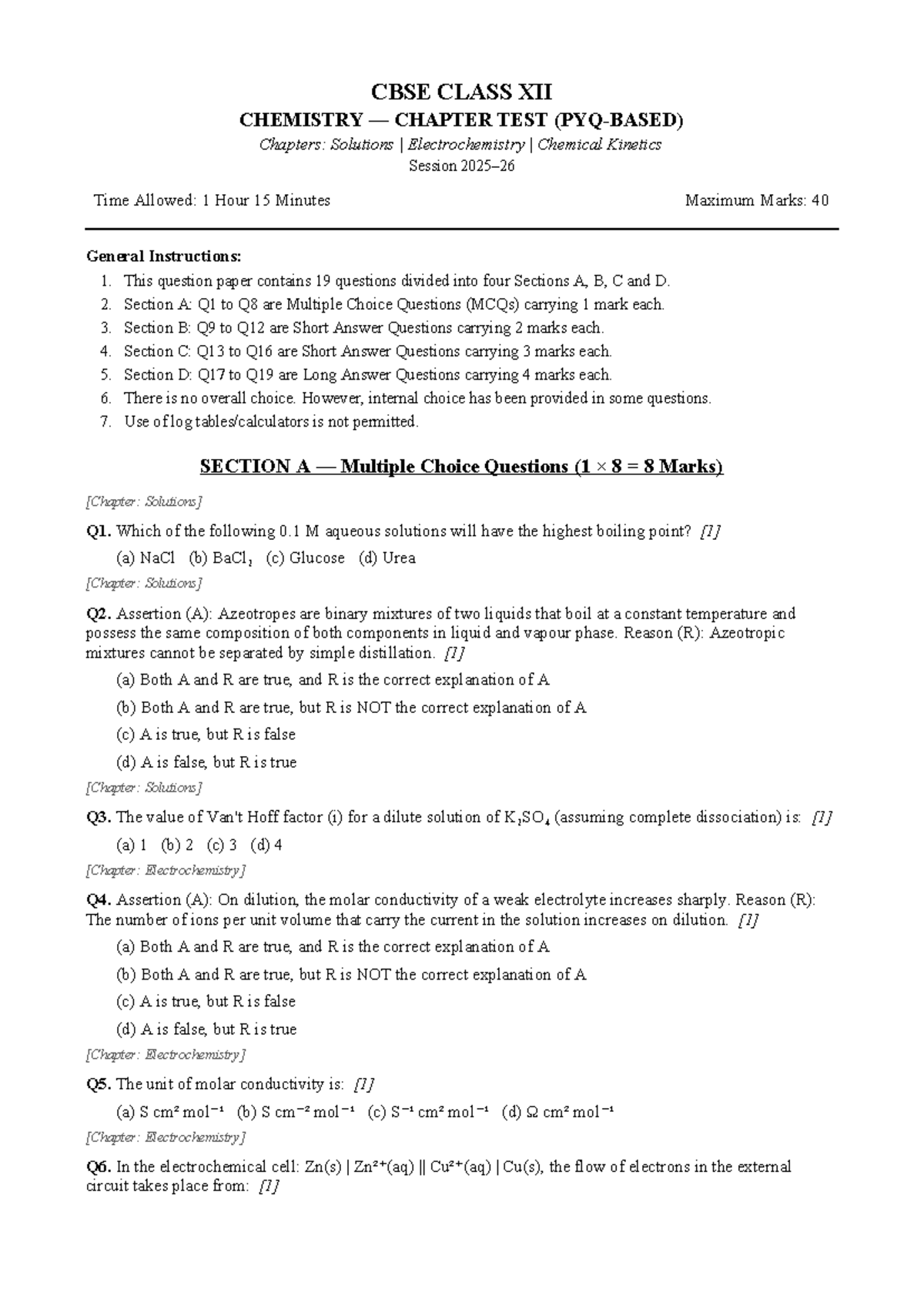 CBSE CLASS XII CHEMISTRY CHAPTER TEST: Solutions, Electrochemistry ...