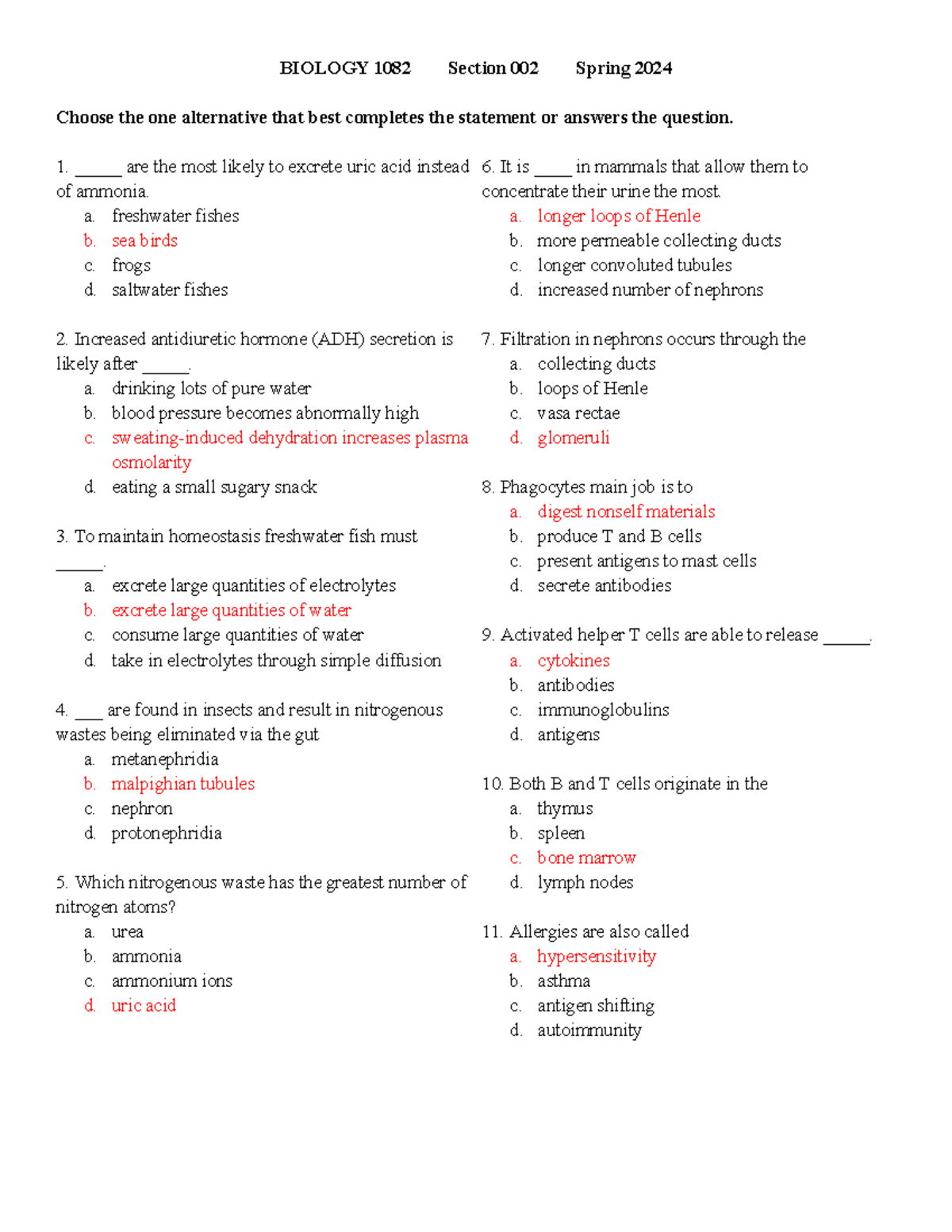 Bio 2 Mock Exam 3 Key 2024 - BIOLOGY 1082 Section 002 Spring 2024 ...