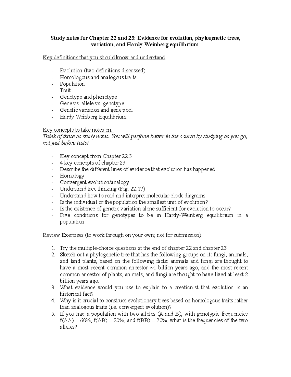 Review notes for Ch 22 and 23 - Study notes for Chapter 22 and 23 ...