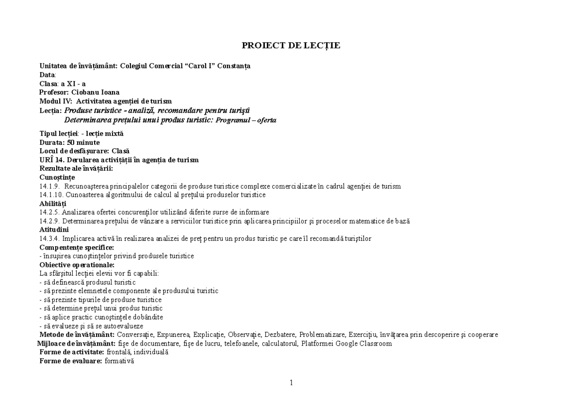 Proiect de Lecție Modul IV: Activitatea Agenției de Turism - Analiză ...
