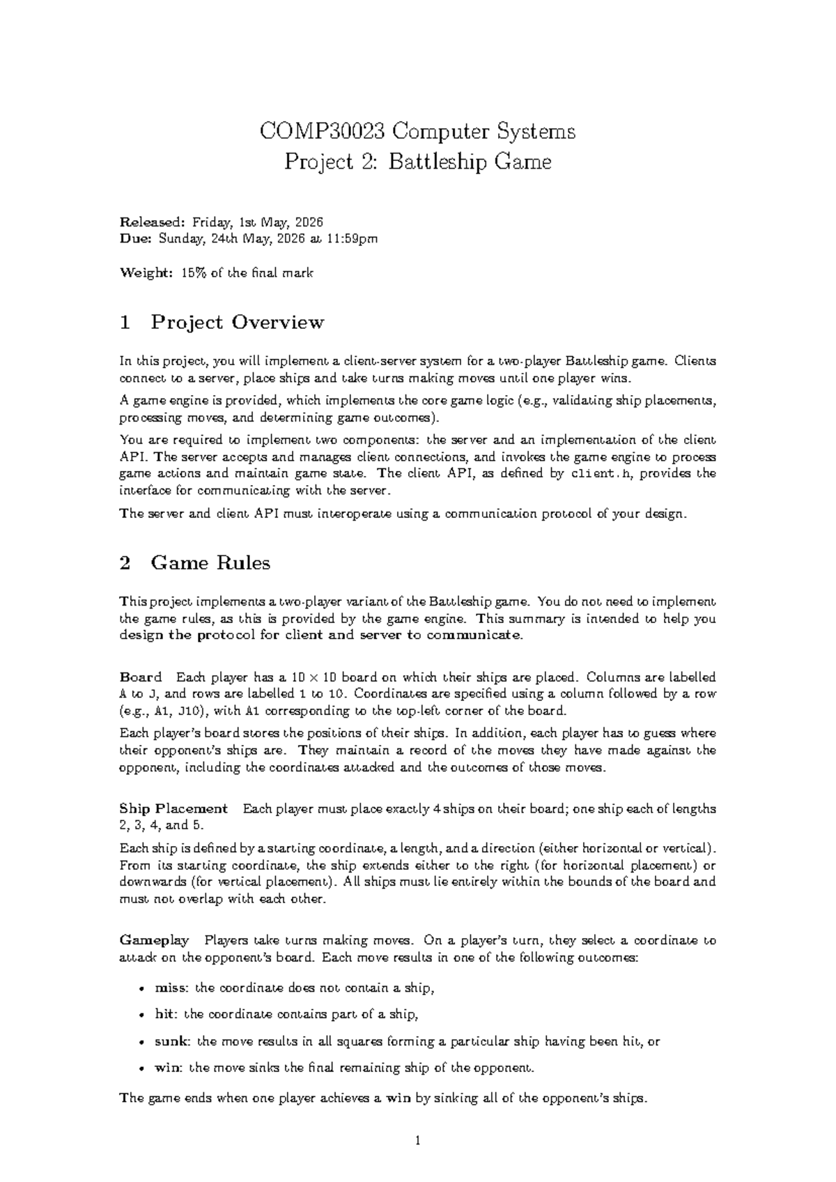 COMP30023 2026 Battleship Game Project 2 Overview and Guidelines - Studocu