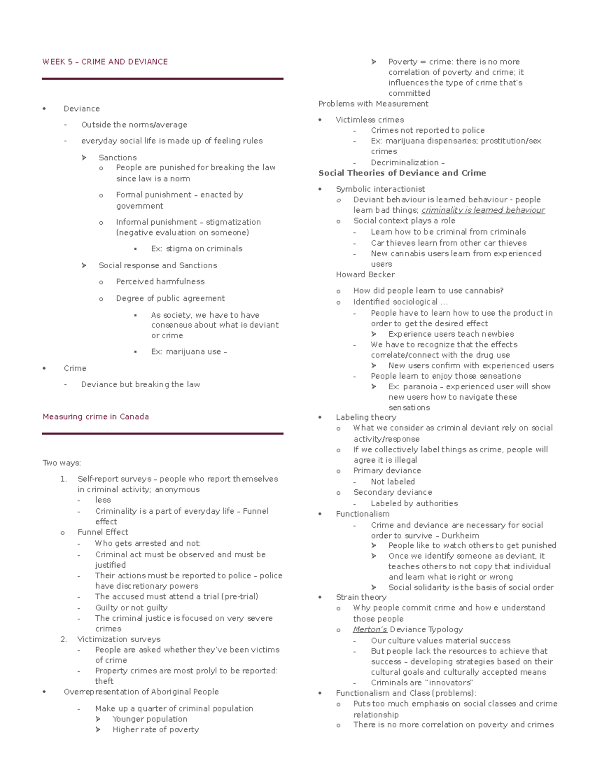 SOSH Examm - Lecture notes 1-13 - WEEK 5 – CRIME AND DEVIANCE Deviance ...
