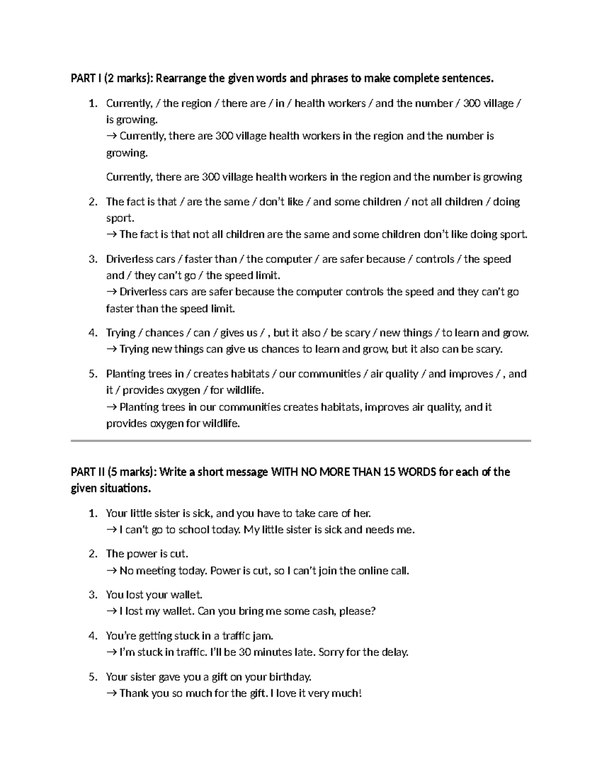 Tienganh 1 - Sentence Rearrangement and Short Message Writing Exercises ...
