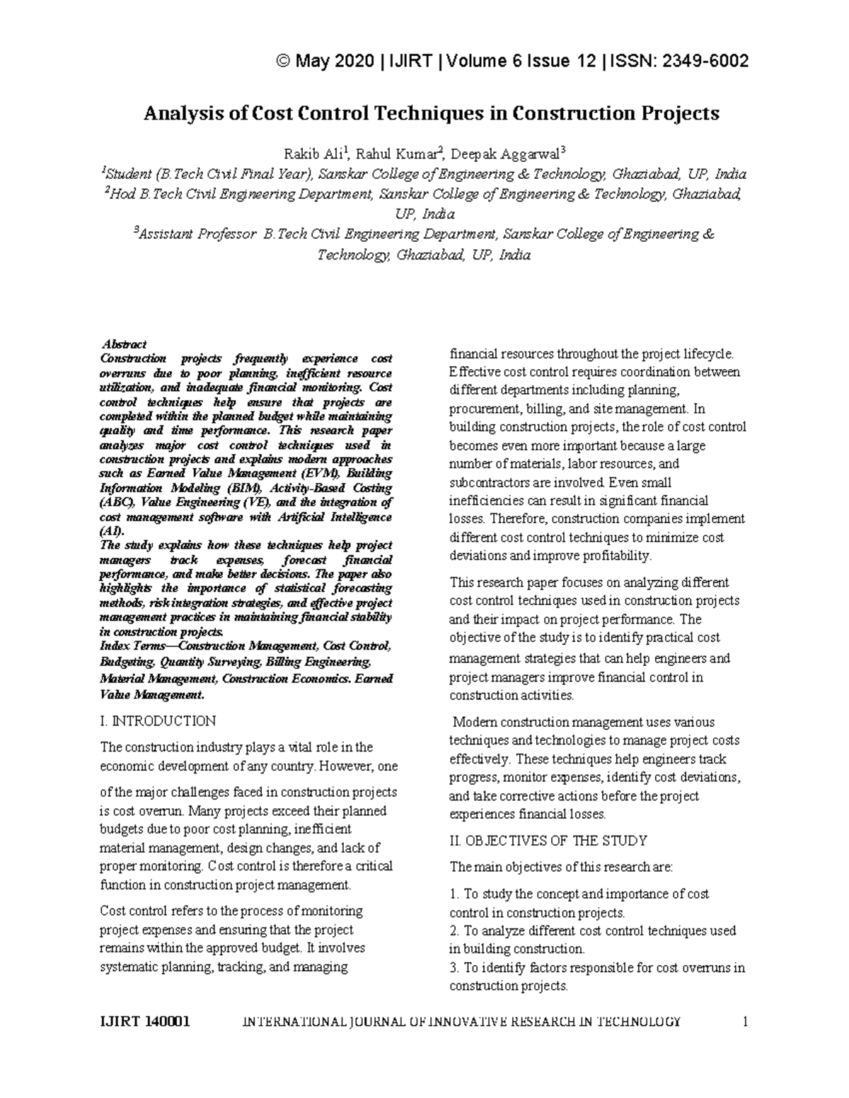 Analysis of Cost Control Techniques in Construction Projects (B.Tech ...