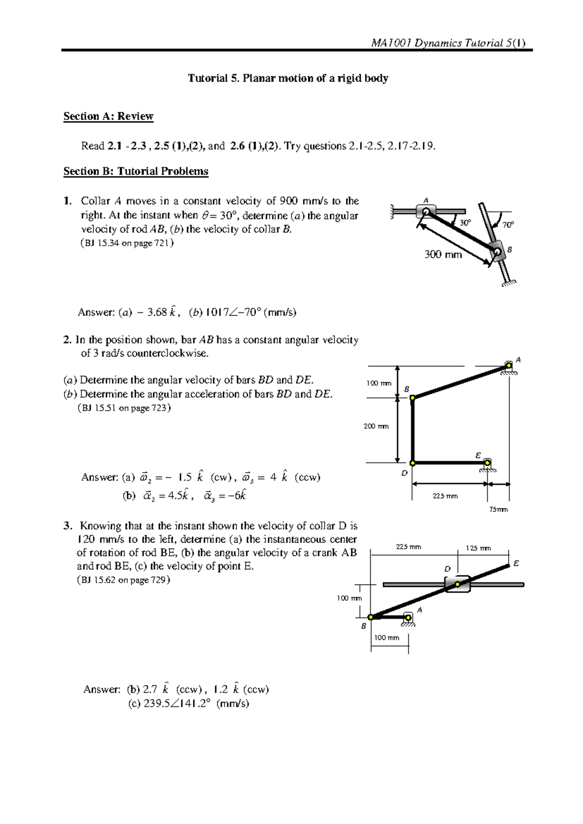 MA1001 Dynamics Tutorial 5: Planar Motion of Rigid Bodies Solutions ...