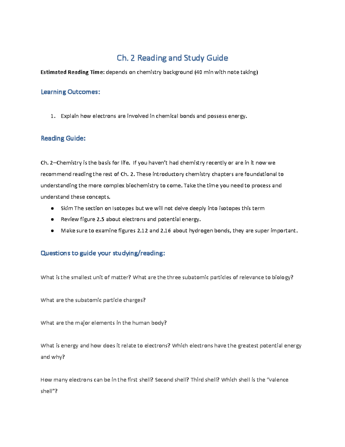 Ch. 2 Chem. Basics: Reading & Study Guide for Bio Students - Studocu