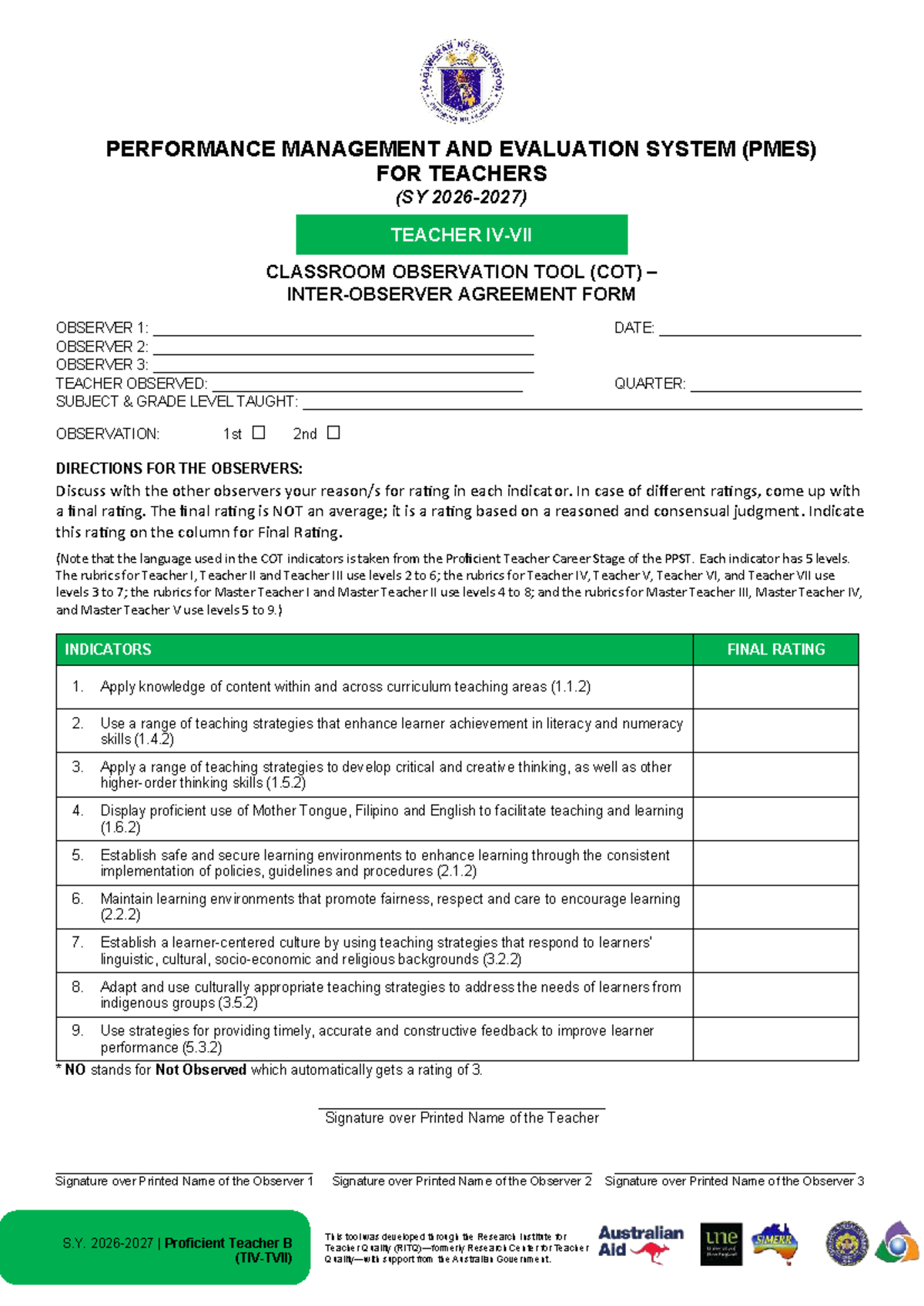 COT Inter Observer Agreement Form for T4 6 SY 2026-2027 - Studocu