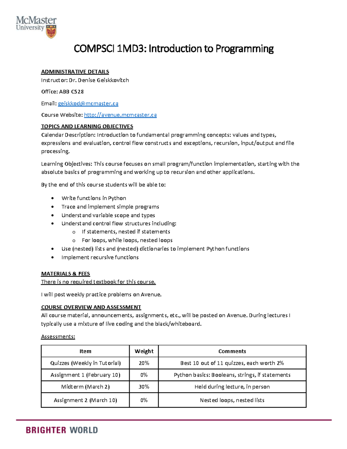 CS1MD3: Winter 2026 Introduction to Programming Course Outline - Studocu