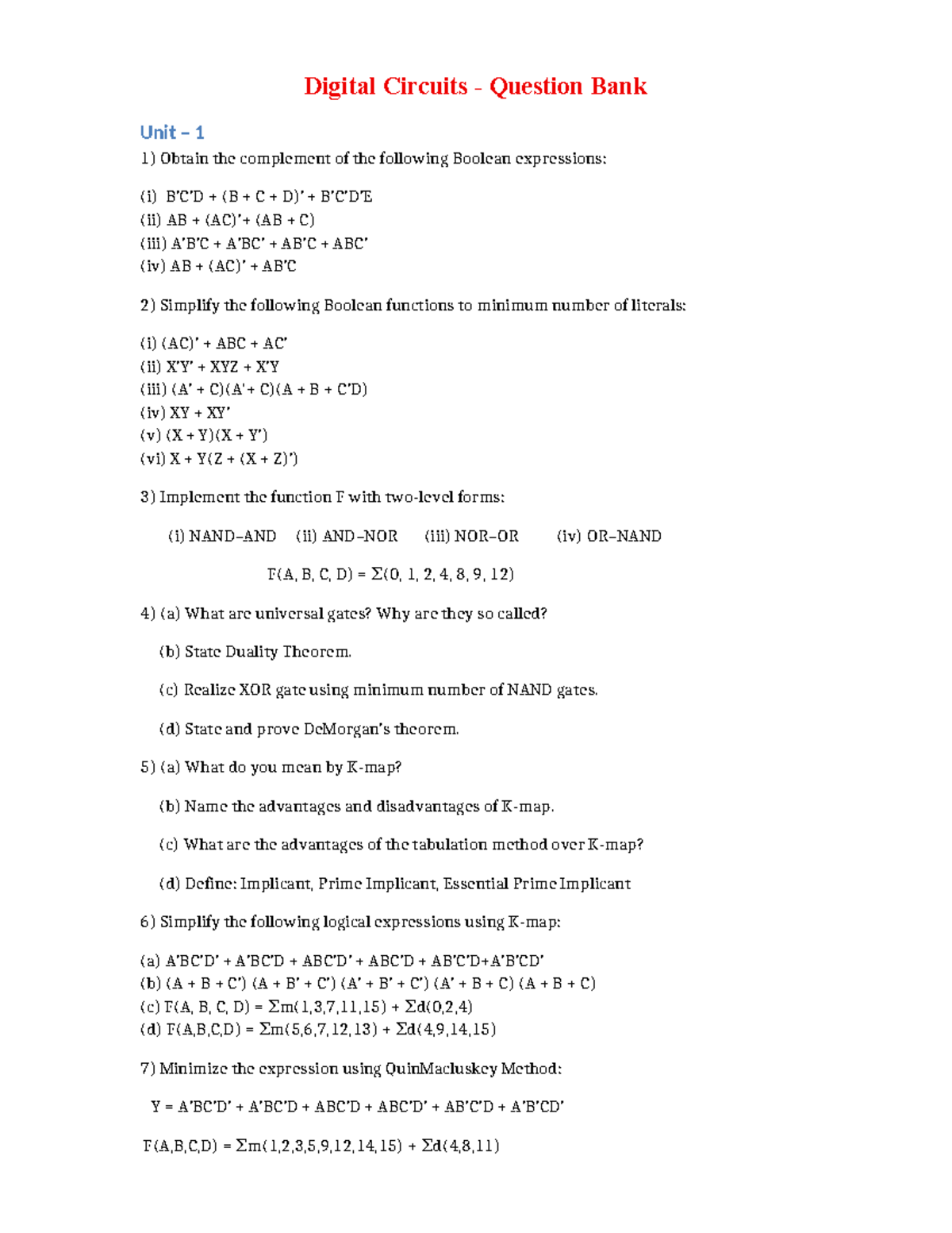Digital Logic Questions - Question Bank Unit 1 - Studocu