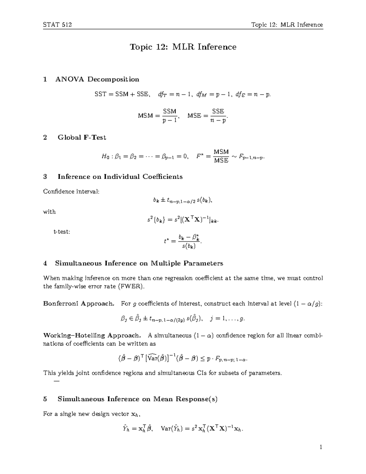 STAT 512 Topic 12: MLR Inference Notes and Key Concepts - Studocu