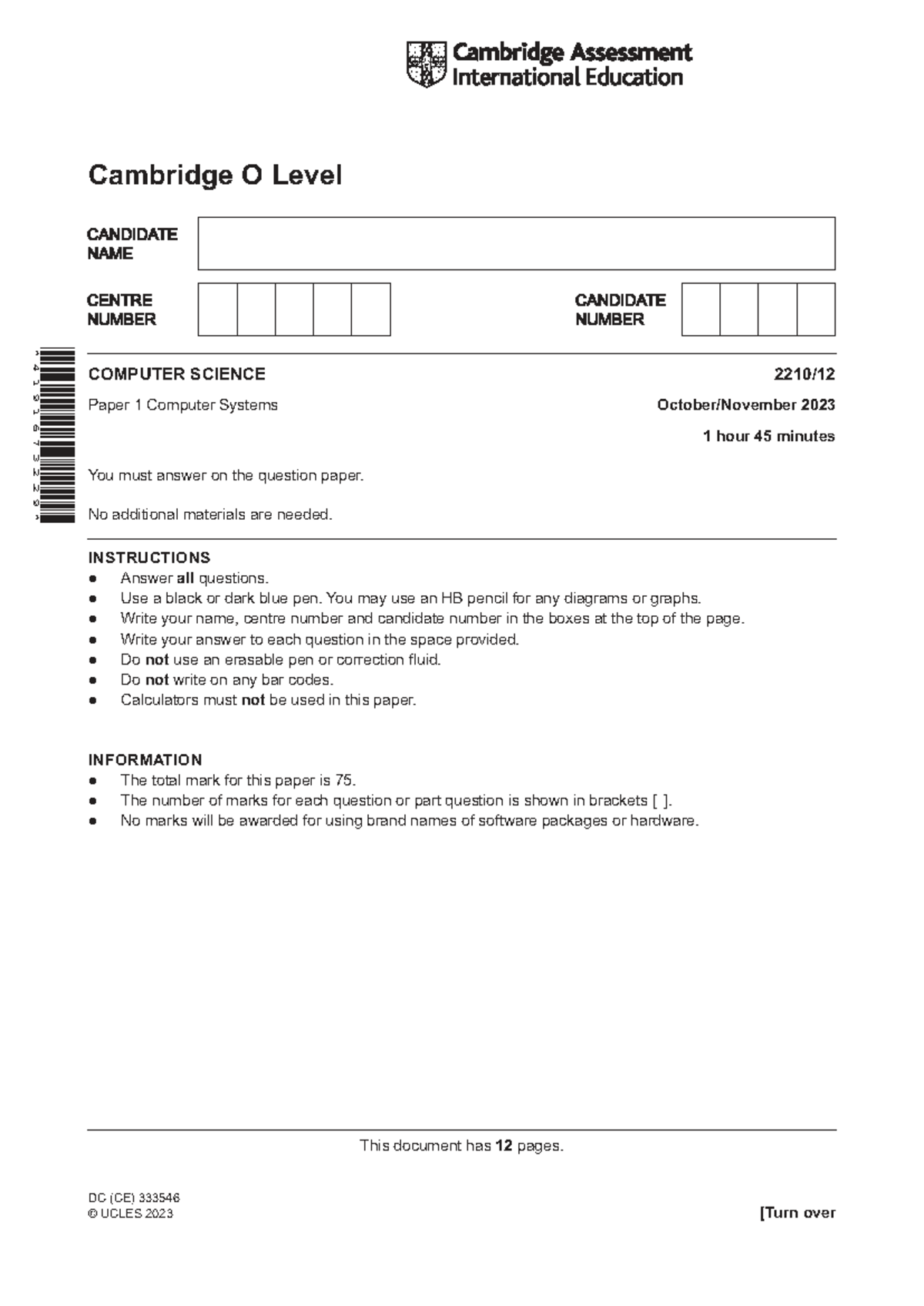 Cambridge O Level 2210 Computer Science 2023 Paper 1 Exam Questions ...