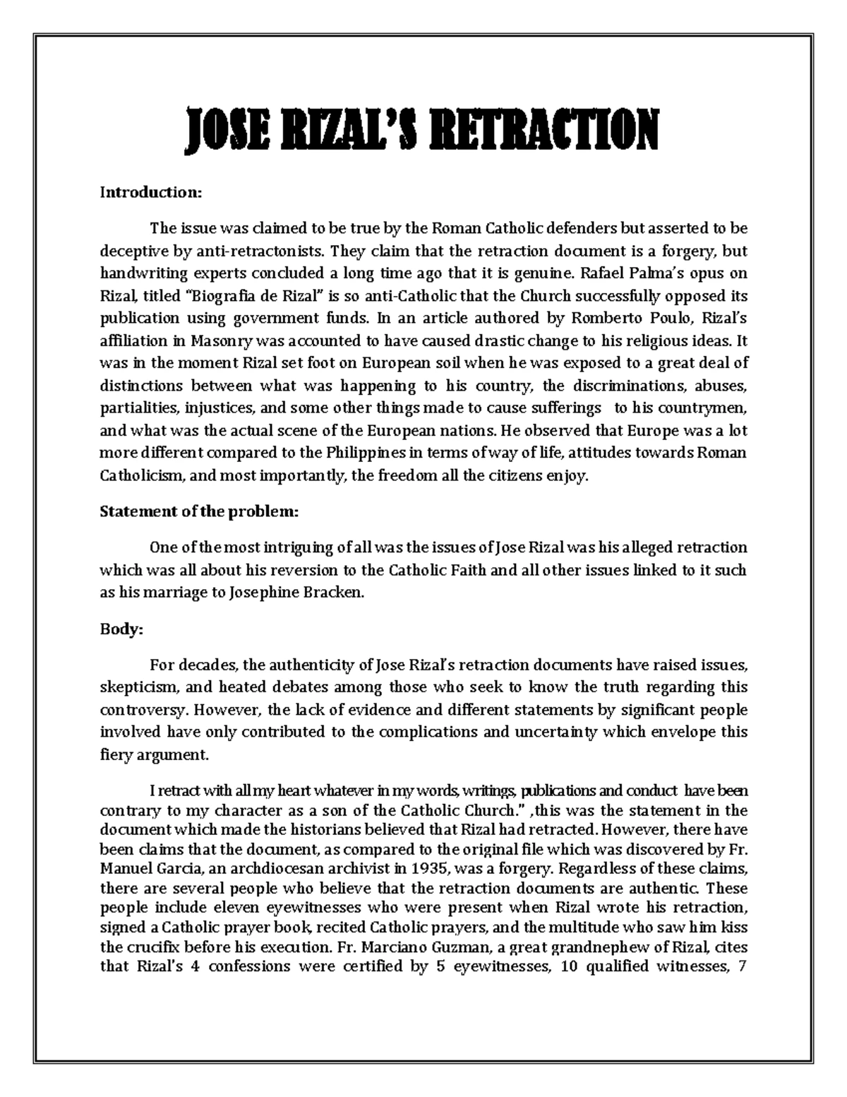 Copy of Evidences - Evidences that Rizal did not retract: For our ...