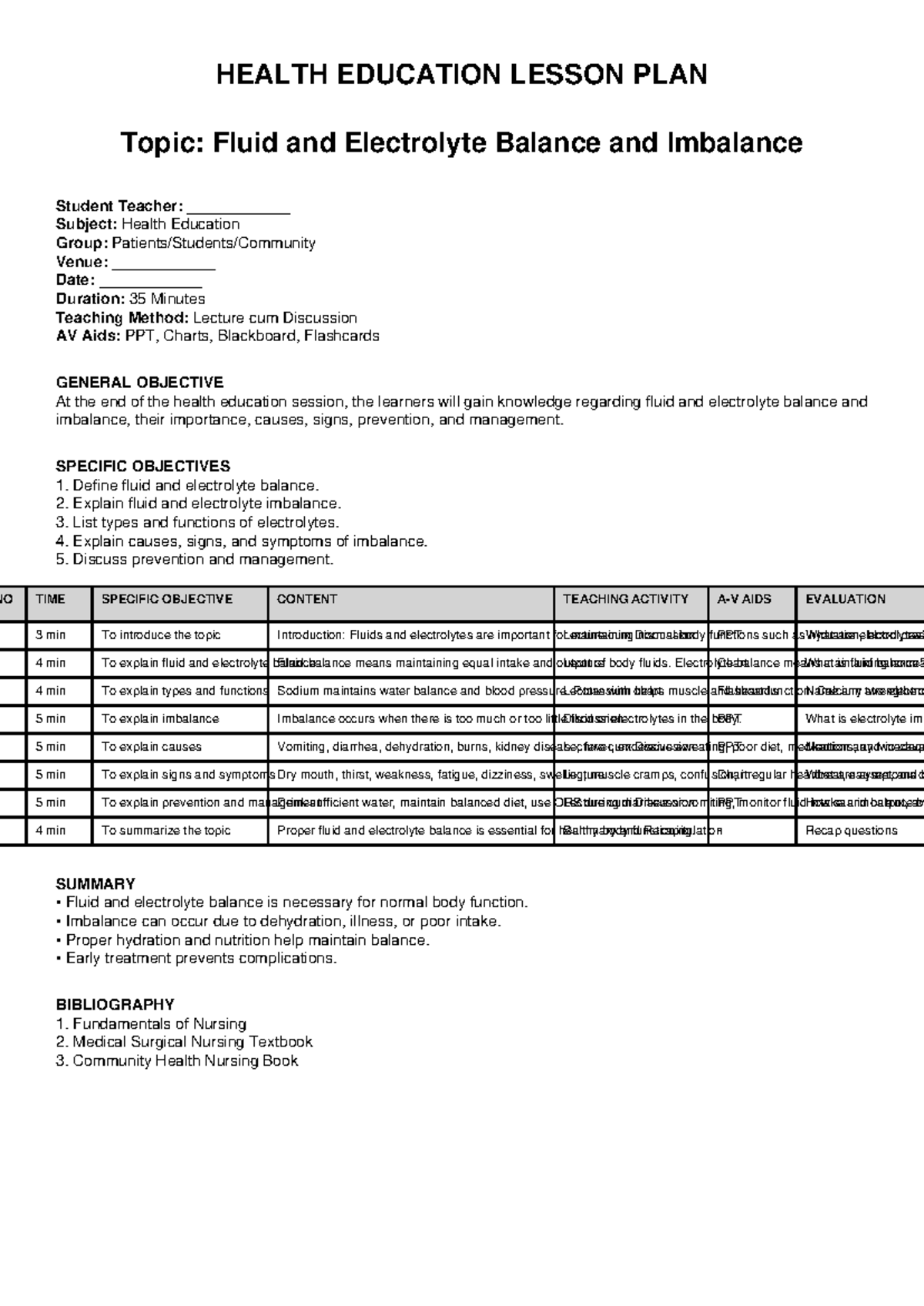 Health Education Lesson Plan: Fluid & Electrolyte Balance - Studocu