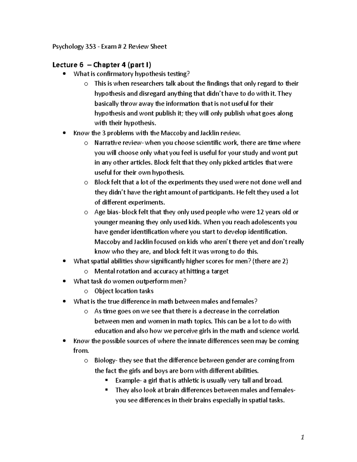 Psych 353 Exam 2 Review - Psychology 353 - Exam # 2 Review Sheet ...